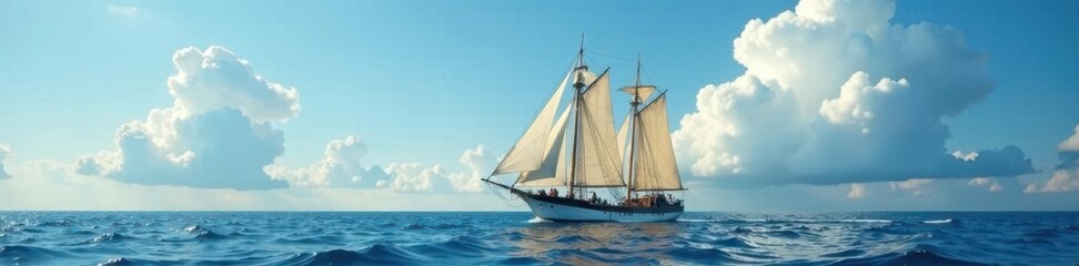 Fototapeta premium Frigate barque's sails fill with wind as it glides across the calm sea, ship, clouds
