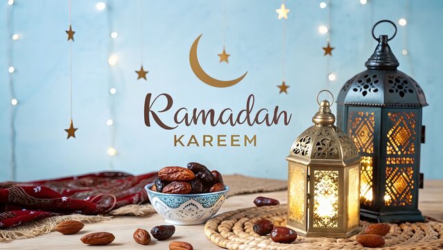 Ramadan Kareem Greetings Decorative Festival Card with Lanterns and Bowl of Dates &ndash; A Peaceful, Elegant Background Celebrating the Holy Month with Warmth and Spiritual Blessings