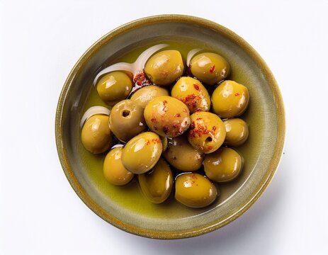 Fotograf&iacute;a de estudio profesional de un bol de olivas, ali&ntilde;adas en aceite y especias, de fondo blanco, 4k, ultra realista.