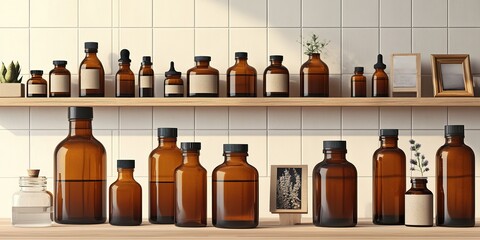 Display of amber glass bottles on wooden shelves in a modern setting with greenery accenting the arrangement