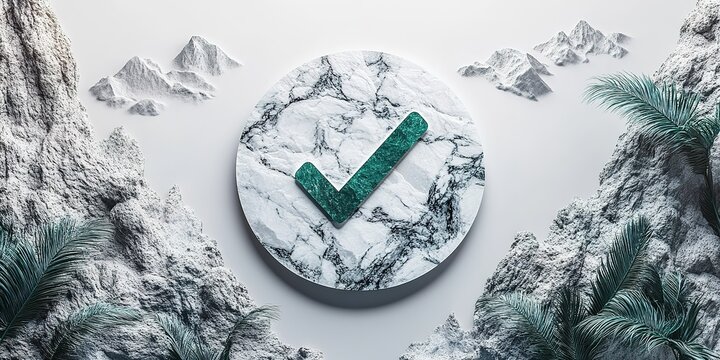 Marble checkmark symbol surrounded by natural elements in a stylized design
