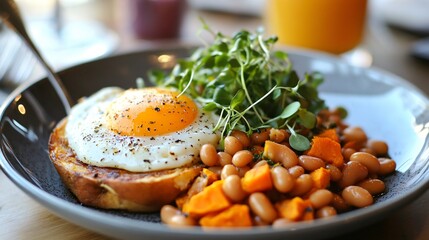 A stylish brunch version of the English breakfast, featuring sweet potato hash, microgreens, and artisanal baked beans