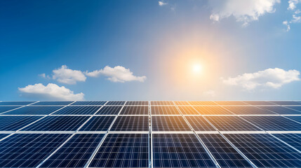 A vibrant solar panel array glistens under the bright sun, showcasing renewable energy technology