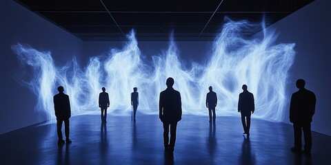 Obraz premium Individuals exploring a mesmerizing light installation in a contemporary art exhibition at night