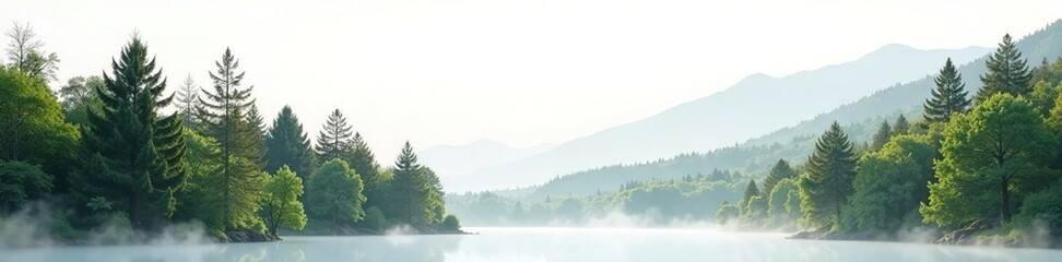 White backdrop with soft focus of forest trees, landscape, serene, nature
