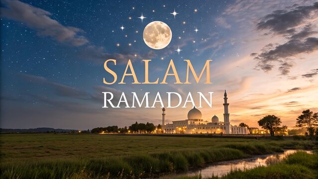 Salam Ramadan Kareem Greetings Decorative Festival Card with Mosque &ndash; A Peaceful, Elegant Background Celebrating the Holy Month with Warmth and Spiritual Blessings