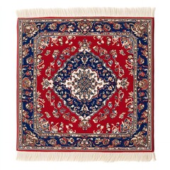 Red and Blue Oriental Rug with Intricate Floral Pattern and Fringe Detail