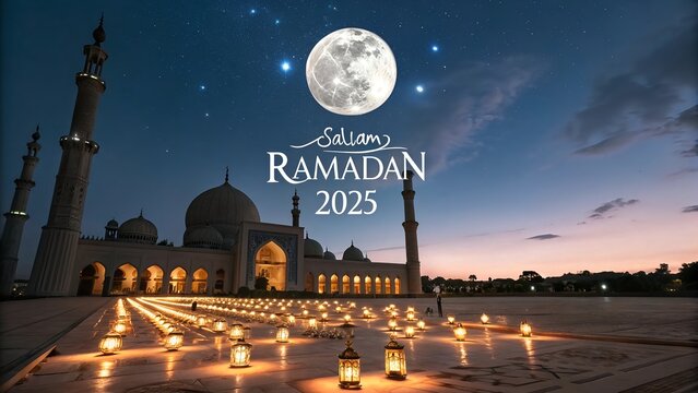 Salam Ramadan 2025 Kareem Greetings Decorative Festival Card with Mosque &ndash; A Peaceful, Elegant Background Celebrating the Holy Month with Warmth and Spiritual Blessings