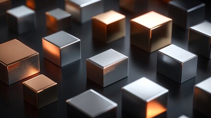 Obraz premium A collection of abstract 3D blocks with metallic finishes, glowing softly, floating on a black background 