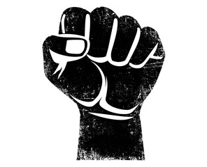 Vector raised fist stamp, distressed grunge design, clenched fist icon, protest symbol, unity, rebellion, strength, retro graphic, empowerment, bold statement, street art