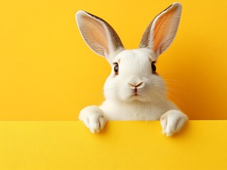 Obraz premium Bunny peeking, yellow background, spring