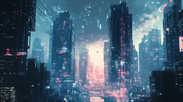 A futuristic cityscape dominated by towering ai-powered skyscrapers by generated ai. AI-Powered Cityscape. Illustration