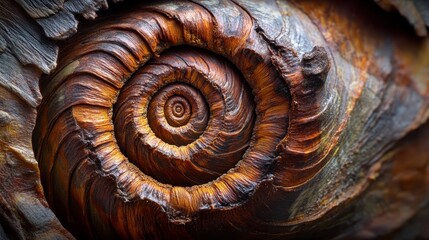 A close-up view of a beautifully patterned fossilized shell, showcasing intricate spiral designs and natural textures.