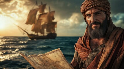 Arabian explorer holding an ancient map stands against a backdrop of a sailing ship and ocean at sunset, dressed in traditional robes and turban, evoking a historical maritime journey