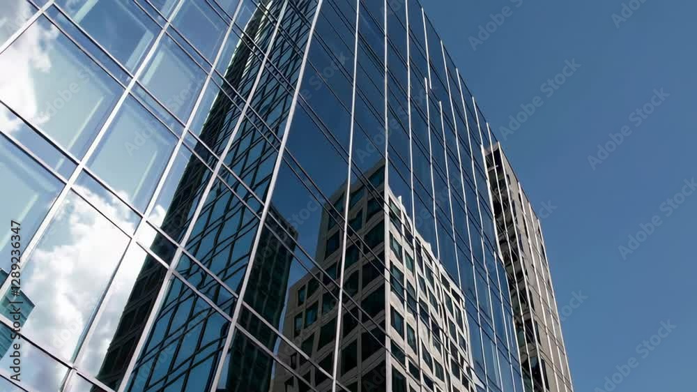 Poster Clouds and buildings reflect in the glass facade of a modern skyscraper in a slow motion sequence, creating a dynamic interplay of light and shadow
