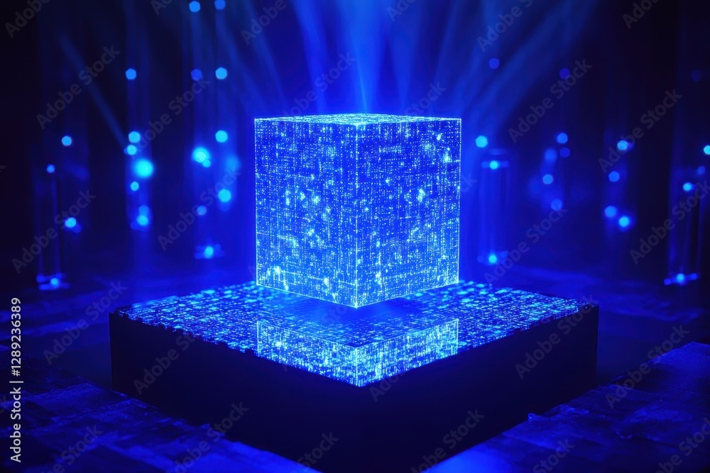 Poster a cube illuminated by a vibrant blue light is the focal point of this captivating image a detailed c