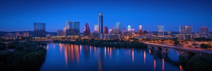 Fototapeta premium Breathtaking Evening View of Austin's Skyline: A Downtown Architectural Marvel Against a Blue Sky