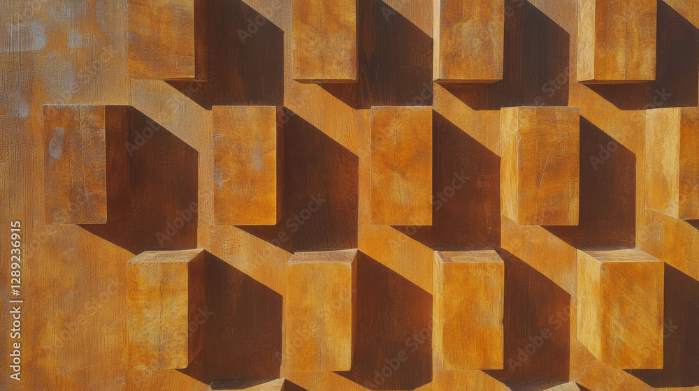Poster Geometric carved wood texture with three dimensional patterns for design