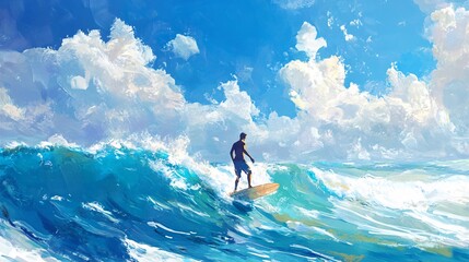 Surfer Riding a Wave under Blue Sky