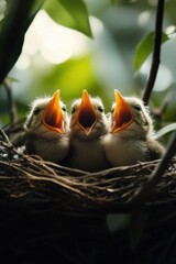 Bird in nest on tree in Spring.
