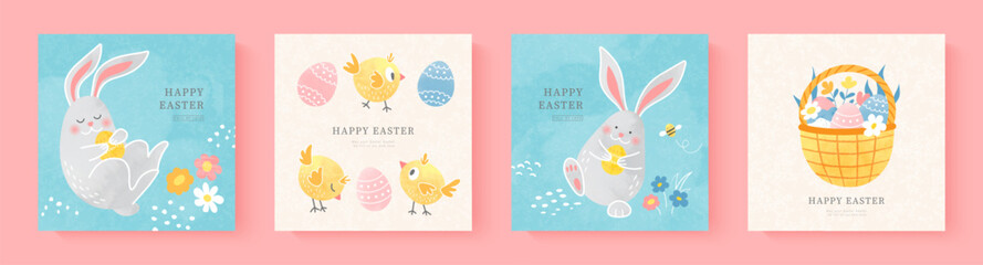 Happy Easter set of cards with cute bunnies, chicks, flowers,eggs and basket. Modern trendy style with watercolor and grainy texture. Vector illustration