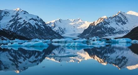 Glacial Icebergs Mirrored in Mountain Lake