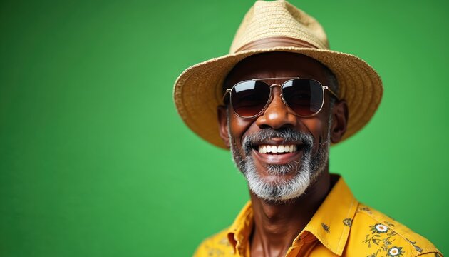 Studio portrait of middle age old african american man in sun glasses smiling. He wears hat and patterned yellow shirt on green background. Stylish bearded senior laughs.
