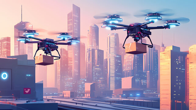 Ai-powered drones delivering packages in a smart city, futuristic logistics. AI-Powered Cityscape. Illustration