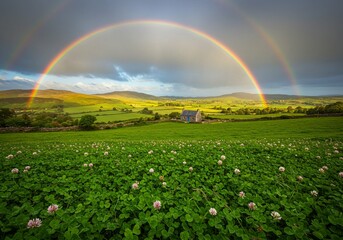 Naklejka premium Meadow with blooming clover and double rainbow over hill. After rain spring nature landscape for St. Patrick's Day, Irish holiday. Ireland tourism and travel. Farming, harvest, agriculture concept. 
