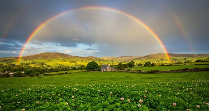 Meadow with blooming clover and double rainbow over hill. After rain spring nature landscape for St. Patrick's Day, Irish holiday. Ireland tourism and travel. Farming, harvest, agriculture concept. 