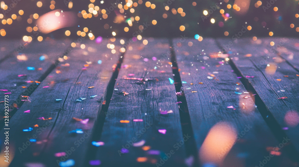 Poster festive wooden surface with colorful confetti and blurred bokeh effect