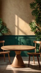 Obraz premium Empty table and darkgreen wall. Table with sun reflections and leaves shadows on beige wall. Background with bokeh for product presentation.Mock up for presentation, branding products, cosmetics food 