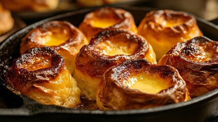 A cast-iron skillet filled with Yorkshire puddings, just out of the oven, with melted butter brushed over the tops