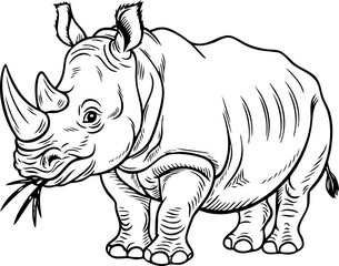 Fototapeta premium Black and White Vector Illustration of a Rhino Grazing, Perfect for Educational and Environmental Projects
