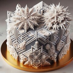 A 3D-printed cake with intricate geometric sugar details