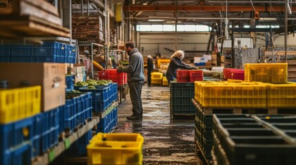 Workers engaged in a cooperative effort inside a warehouse. Colorful crates and boxes organize the space. A blend of industry and teamwork creates an inspiring atmosphere. Generative AI