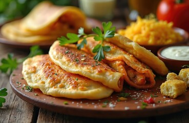 Close-up traditional Salvadoran cuisine. Pupusas with cheese, herbs on wooden plate. Cheese shreds, tomato, sauce aside. Appetizing handmade food for El Salvador Independence Day cuisine showcase.