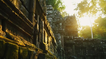 Naklejka premium Ancient Temple Ruins Covered in Lush Greenery at Sunset