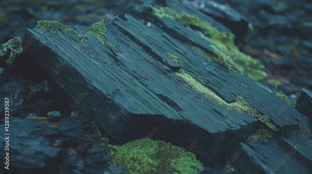 Poster dark green moss on weathered wood texture for natural design and background concepts