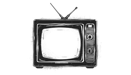 Retro television set stencil illustration, vector stamp with distressed grunge texture, isolated on transparent background, vintage TV, old-fashioned screen, retro broadcast