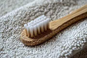Closeup of a Wooden Toothbrush on a Soft Cotton Towel with Subtle Aromatherapy Elements for a Healthy Lifestyle