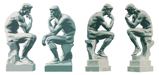 Vector Thinker statue, Rodin’s sculpture, isolated on transparent background, famous artwork, classic bronze statue, philosophical art, legendary masterpiece