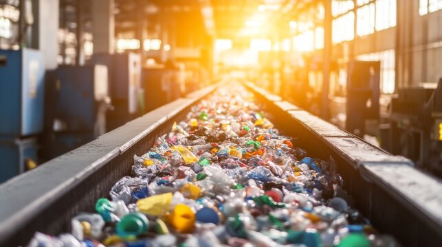 Waste Management Conveyor Belt with Recycled Plastic at Sunrise