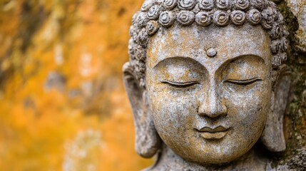 Tranquil Buddha Stone Sculpture Set Against Richly Textured Warm Background, Evoking Sense of Peace and Harmony