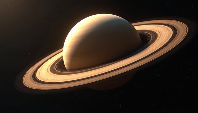 Magnificent close-up of Saturn planet, details iconic rings with intricate shadows against dark background with scattered stars. Celestial beauty embodies cosmos exploration, astronomical wonder,