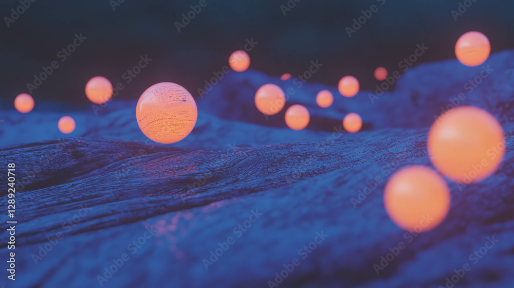 Poster enchanting wooden texture with floating glowing orbs in a mystical night scene