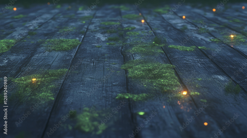 Poster mysterious wooden texture with green moss and glowing specks for design projects
