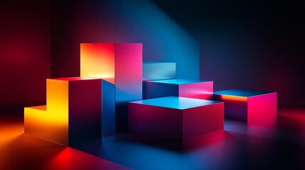 Abstract 3D blocks in sharp, angular formations, floating on a black background with bright lighting accents 