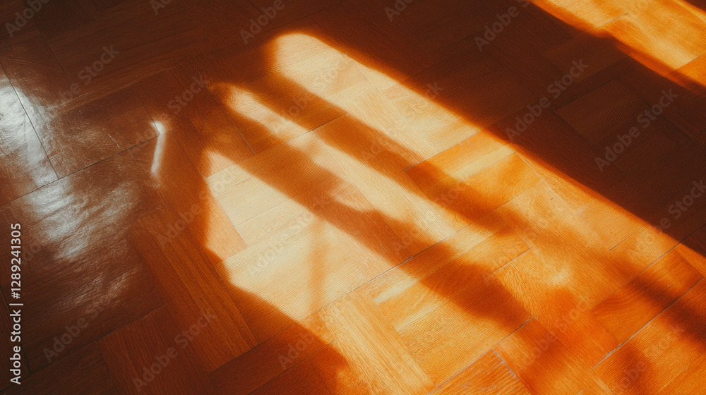 Poster warm sunlight reflections on polished wood floor with intricate inlay patterns