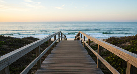 Fototapeta premium Wooden boardwalk leads to tranquil ocean shore.